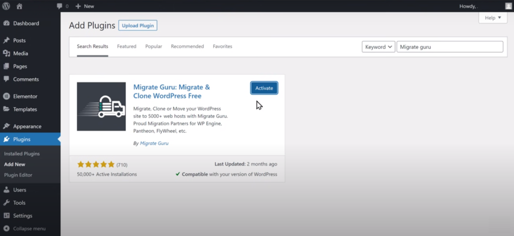 activate Migrate Guru WordPress plugin