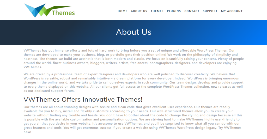 VW Themes About Us Page